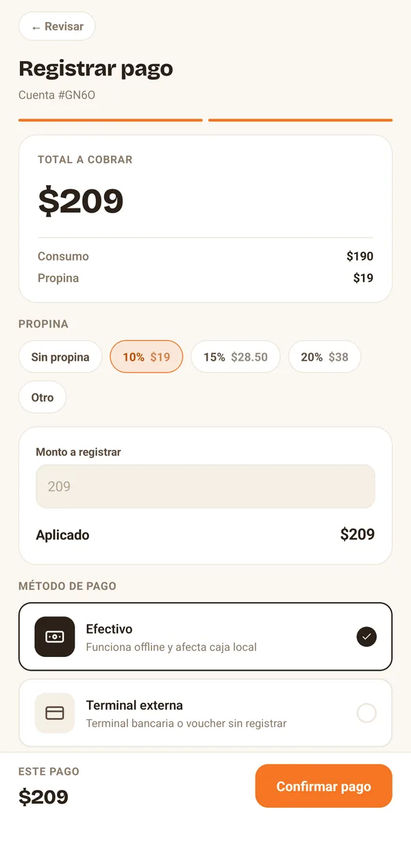 Pantalla de registro de pago en la app de Senden, con total a cobrar, propina y método de pago
