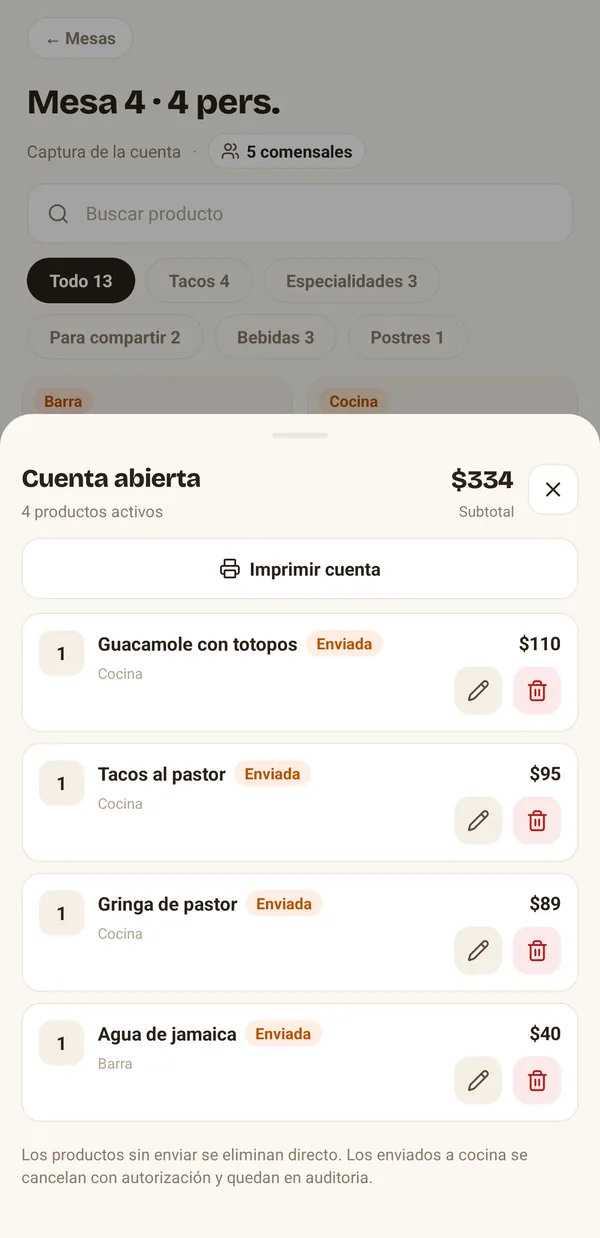 Cuenta abierta de la mesa 4 en la app de Senden, con cuatro productos enviados a cocina y subtotal de $334