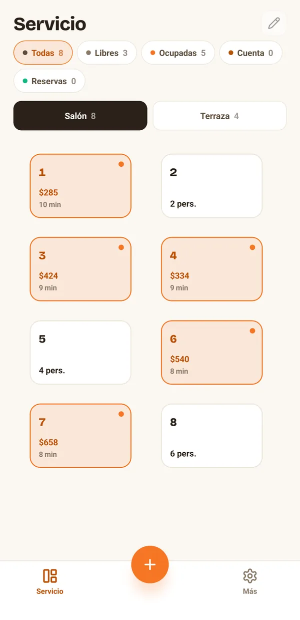 Plano de mesas en la app de Senden con cinco mesas ocupadas y tres libres