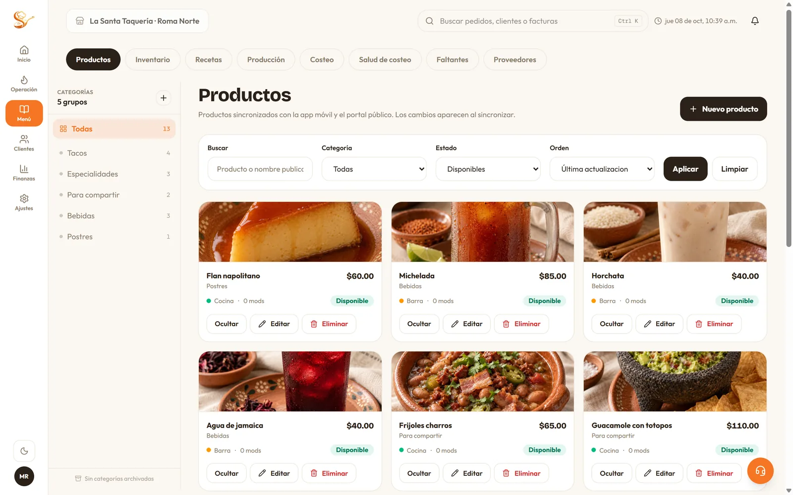 Catálogo de productos en el panel web de Senden, con tarjetas de flan, michelada, horchata y otros platillos
