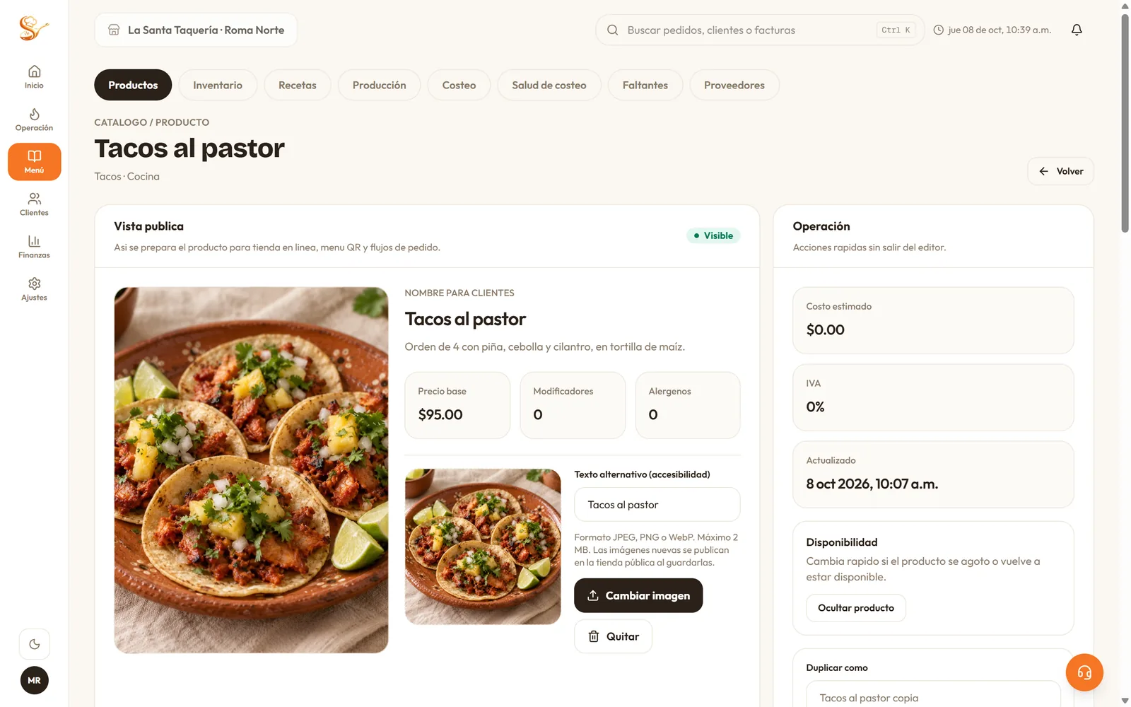 Ficha de producto en el panel web de Senden: tacos al pastor con foto, precio base y acciones de operación